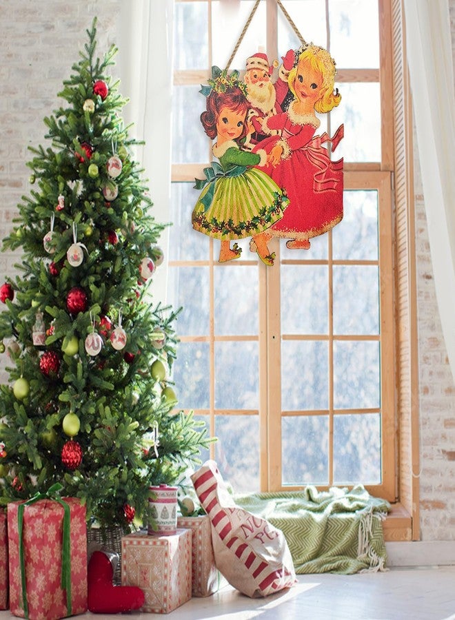 Racenaf Vintage Christmas Decorations Hanging Wooden Sign - Vintage Style Girls Santa Claus Welcome Sign for Front Door Xmas Wall Hanging Decor for Indoor Outdoor Christmas Party Supplies - Image 3